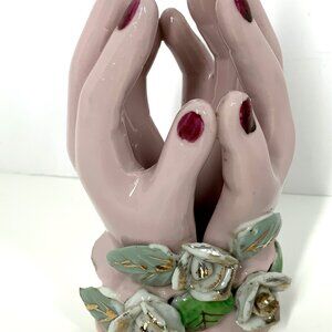 1960 Porcelain Hand Figurine Statue Painted Bone China Roses White Gold Pink